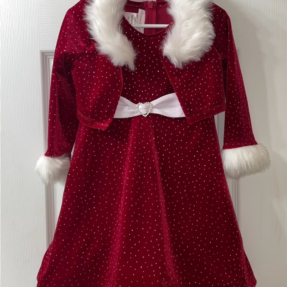 Bonnie Jean 3T Red Velvet Holiday Dress Sparkle Rhinestone Heart Fur Bolero 2pc